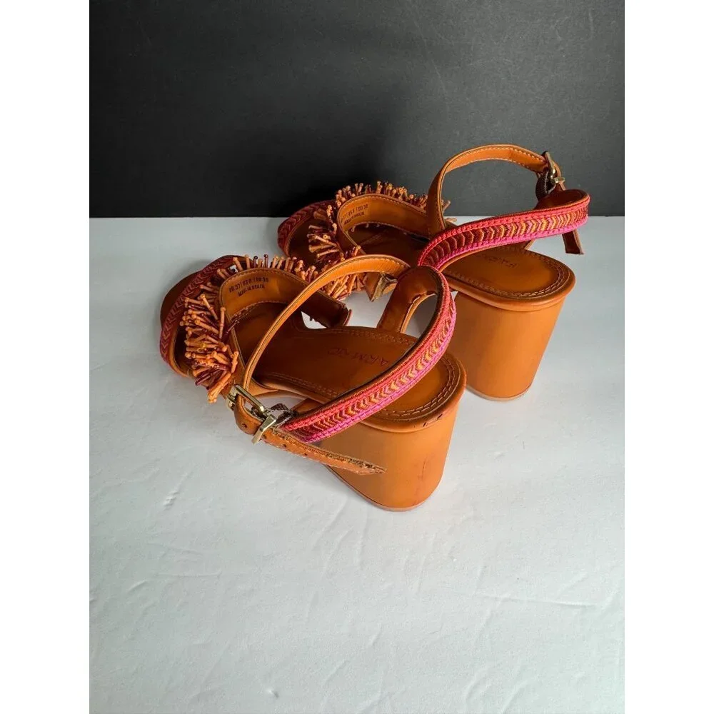 NIB FARM Rio Pink Shiny Heeled Sandal Beaded Fringe Embroidered US 8 EU 39